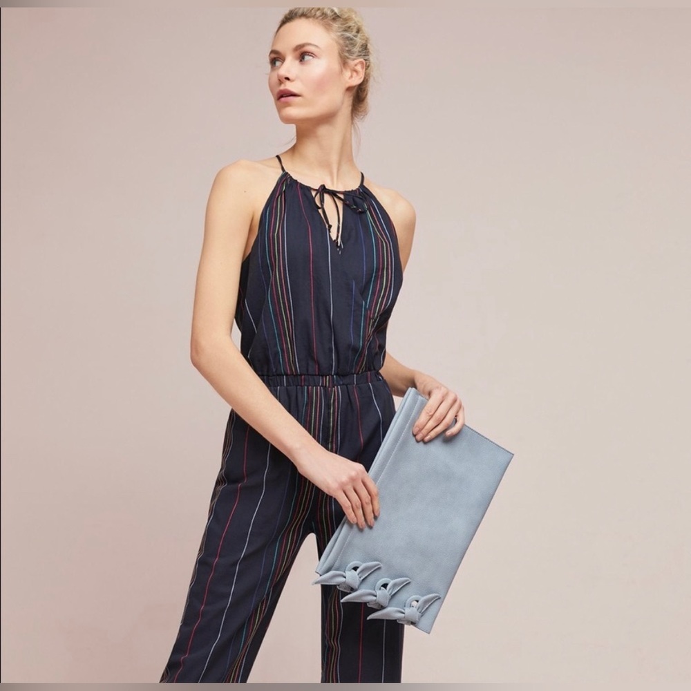 NWOT Anthropologie Dolan Stripe Multicolor Blue Tie Keyhole Front Jumpsuit small - Picture 2 of 12